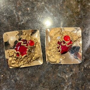 Brutalist Red and Gold Square Earrings from c1980